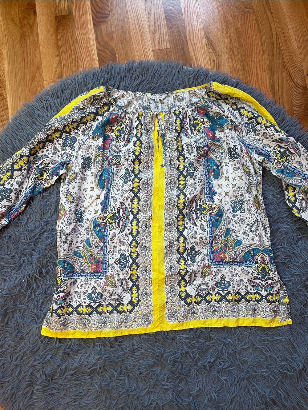 John Mark Boho Paisley Yellow-Trim 100% Silk Peasant Blouse Size XL